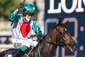SYDNEY, AUSTRALIA - OCTOBER 09: Robbie Dolan on Profondo salutes after winning race 8 the Moet & Chandon Spring Champion Stakes during Sydney Racing at Royal Randwick Racecourse on October 09, 2021 in Sydney, Australia. (Photo by Mark Evans/Getty Images)