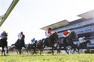 SYDNEY, AUSTRALIA - OCTOBER 09: Hugh Bowman (red, white cap) on Aim wins race 7 the Silver Eagle during Sydney Racing at Royal Randwick Racecourse on October 09, 2021 in Sydney, Australia. (Photo by Mark Evans/Getty Images)