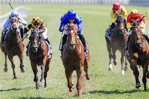 SYDNEY, AUSTRALIA - OCTOBER 09: James McDonald (all blue) on Paulele wins race 5 the Polytrack Roman Consul Stakes during Sydney Racing at Royal Randwick Racecourse on October 09, 2021 in Sydney, Australia. (Photo by Mark Evans/Getty Images)