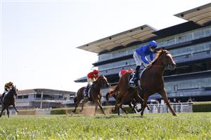 SYDNEY, AUSTRALIA - OCTOBER 09: James McDonald (all blue) on Paulele wins race 5 the Polytrack Roman Consul Stakes during Sydney Racing at Royal Randwick Racecourse on October 09, 2021 in Sydney, Australia. (Photo by Mark Evans/Getty Images)