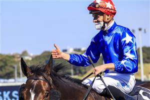SYDNEY, AUSTRALIA - OCTOBER 09: Sam Clipperton on Mirra Vision gives the thumbs up after winning race 6 the Bentley Angst Stakes during Sydney Racing at Royal Randwick Racecourse on October 09, 2021 in Sydney, Australia. (Photo by Mark Evans/Getty Images)