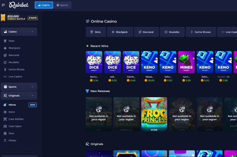 Rainbet Casino gränssnitt