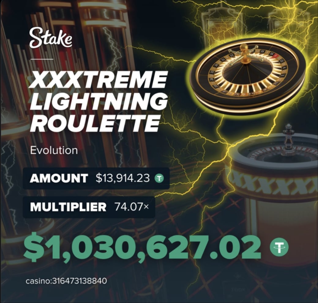 Stake Casino roulette interface med en stor gevinst