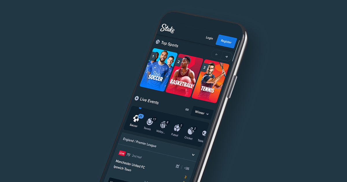 Interface principale de la Stake app montrant le dashboard avec balances, jeux et menu de navigation